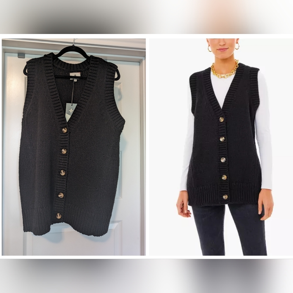 NWT Tuckernuck Knit Vest Medium Large Buttons Black Classic Oversized